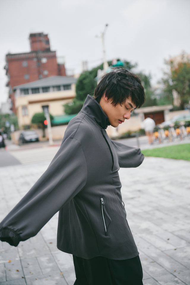 SEIZE - STAND COLLAR MAGNETIC LONG SHIRT - MOON GREY
