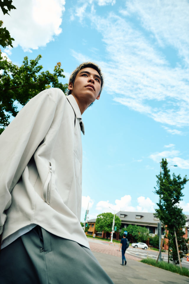 SEIZE - STAND COLLAR MAGNETIC LONG SHIRT - PLAIN GREY